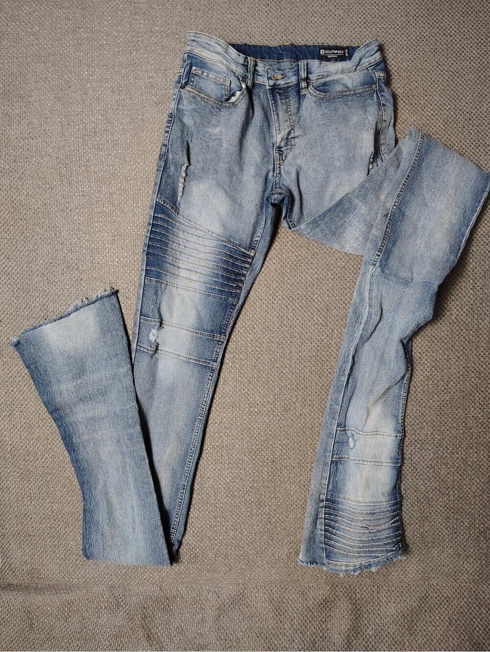 Southpole Custom Stacked Flare Jeans Mens 32x32 Moto Biker Distressed Raw Hem